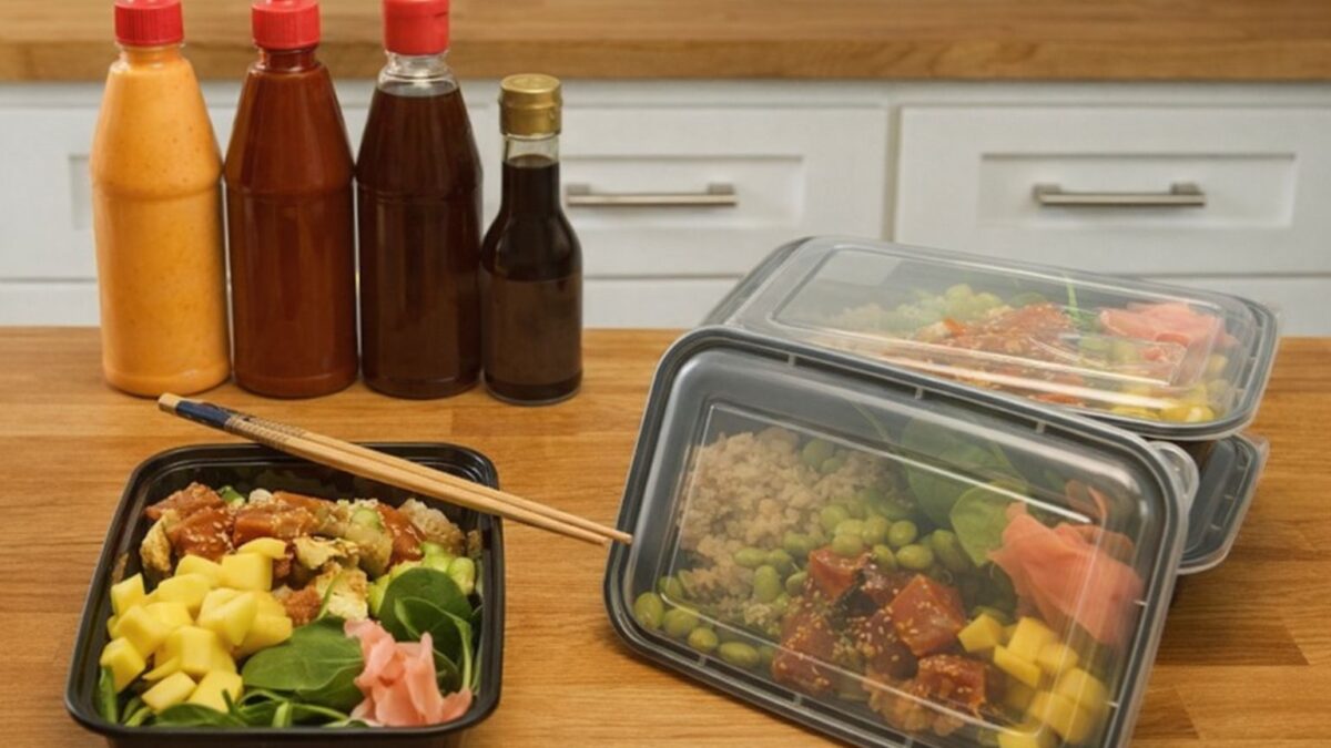 Tre färdiga matlådor med poké bowls och fyra såsflaskor på en träbänk.