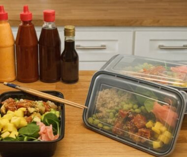 Tre färdiga matlådor med poké bowls och fyra såsflaskor på en träbänk.